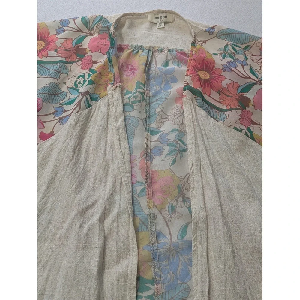 Umgee Kimono 3/4 Sleeve Fringe Hem Open Tunic Med Large Linen Oatmeal Floral‎ - Picture 8 of 11